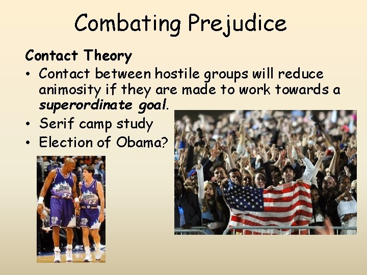 Combating Prejudice Contact Theory • Contact between hostile groups will reduce animosity if they