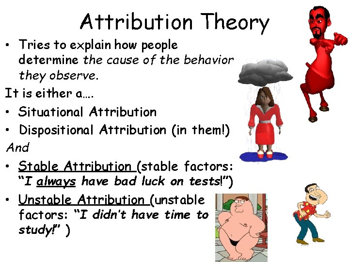 Attribution Theory • Tries to explain how people determine the cause of the behavior