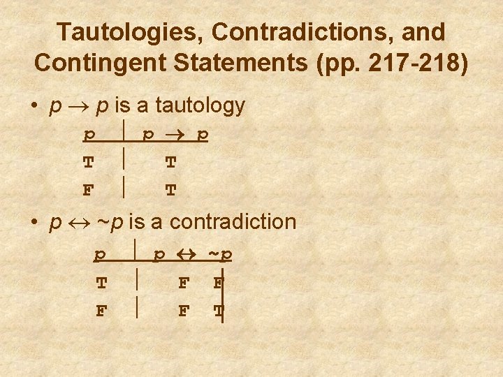 Tautologies, Contradictions, and Contingent Statements (pp. 217 -218) • p p is a tautology