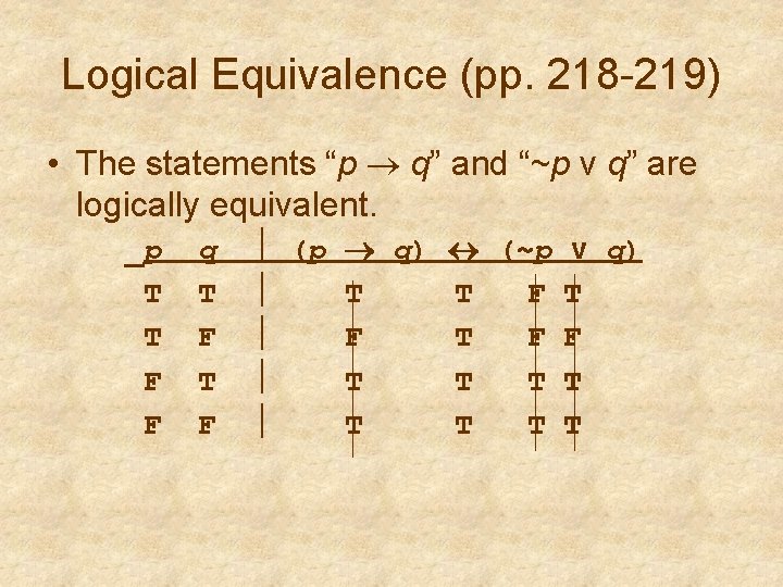 Logical Equivalence (pp. 218 -219) • The statements “p q” and “~p v q”