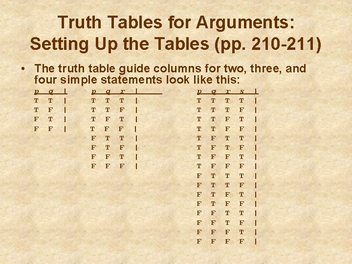 Truth Tables for Arguments: Setting Up the Tables (pp. 210 -211) • The truth