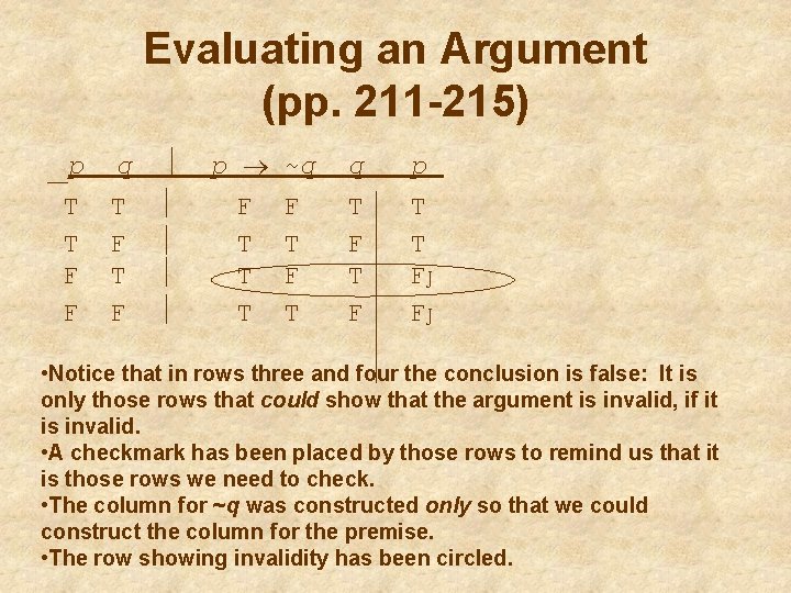Evaluating an Argument (pp. 211 -215) _p q T T F F T F