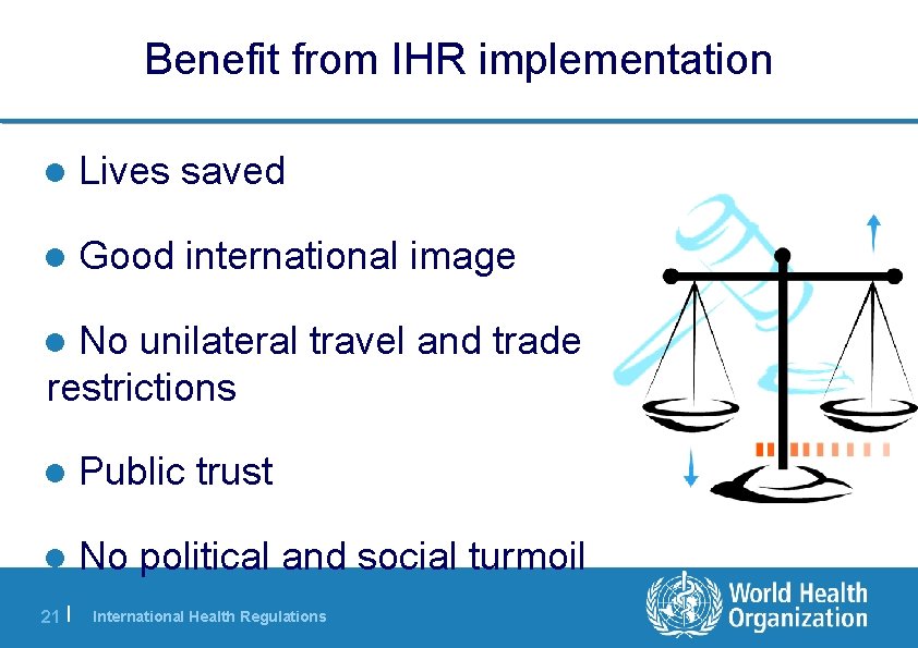 Benefit from IHR implementation Lives saved Good international image No unilateral travel and trade