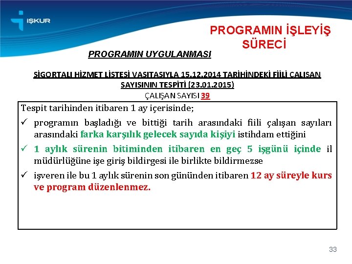 PROGRAMIN İŞLEYİŞ SÜRECİ PROGRAMIN UYGULANMASI SİGORTALI HİZMET LİSTESİ VASITASIYLA 15. 12. 2014 TARİHİNDEKİ FİİLİ