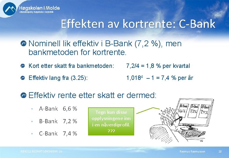 Effekten av kortrente: C-Bank Nominell lik effektiv i B-Bank (7, 2 %), men bankmetoden Effekten av kortrente: C-Bank Nominell lik effektiv i B-Bank (7, 2 %), men bankmetoden