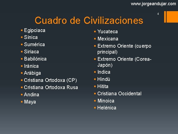 www. jorgeandujar. com Cuadro de Civilizaciones § Egipciaca § Sínica § Sumérica § Siriaca