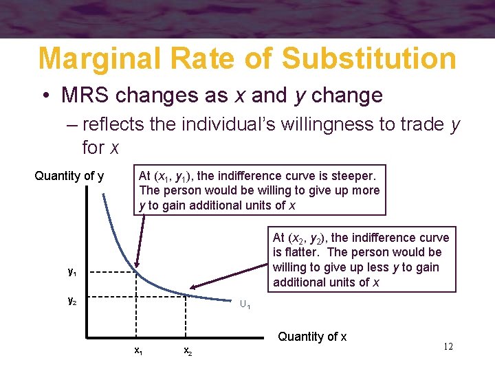 Marginal Rate of Substitution • MRS changes as x and y change – reflects