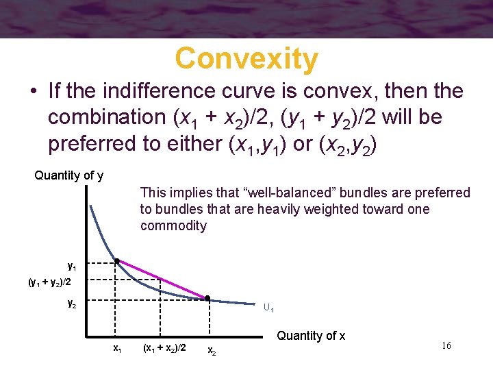 Convexity • If the indifference curve is convex, then the combination (x 1 +