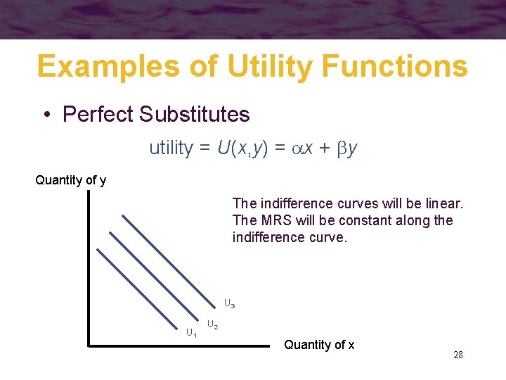 Examples of Utility Functions • Perfect Substitutes utility = U(x, y) = x +