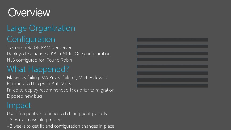 Large Organization Configuration 16 Cores / 92 GB RAM per server Deployed Exchange 2013