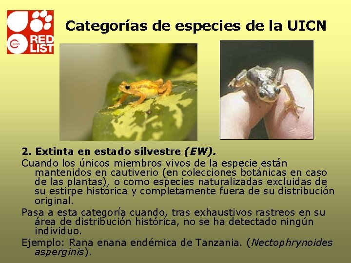Categorías de especies de la UICN 2. Extinta en estado silvestre (EW). Cuando los