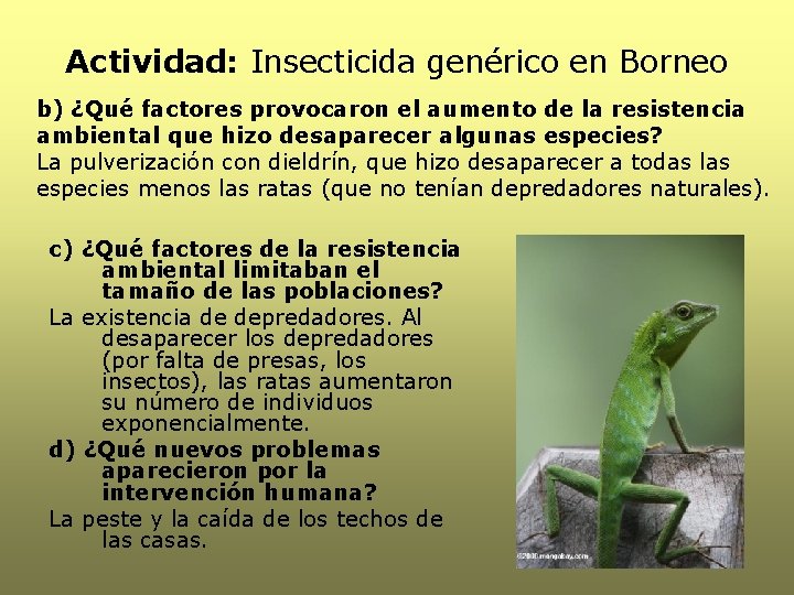 Actividad: Insecticida genérico en Borneo b) ¿Qué factores provocaron el aumento de la resistencia
