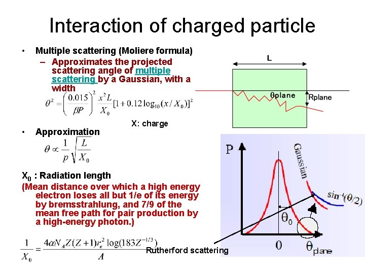 Interaction of charged particle • • Multiple scattering (Moliere formula) – Approximates the projected