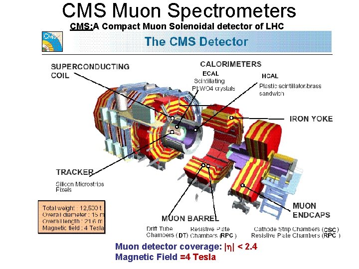 CMS Muon Spectrometers CMS: A Compact Muon Solenoidal detector of LHC Muon detector coverage: