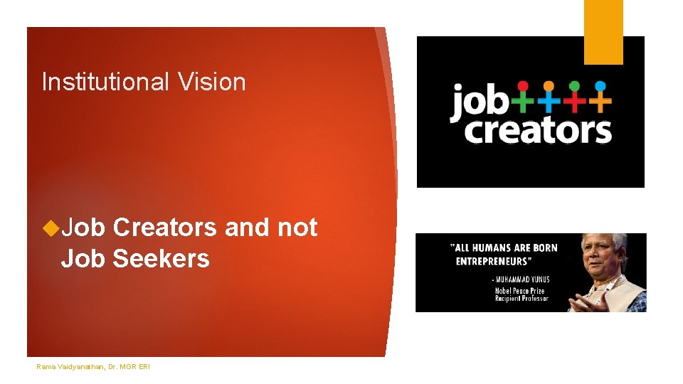 Institutional Vision Job Creators and not Job Seekers Rama Vaidyanathan, Dr. MGR ERI 