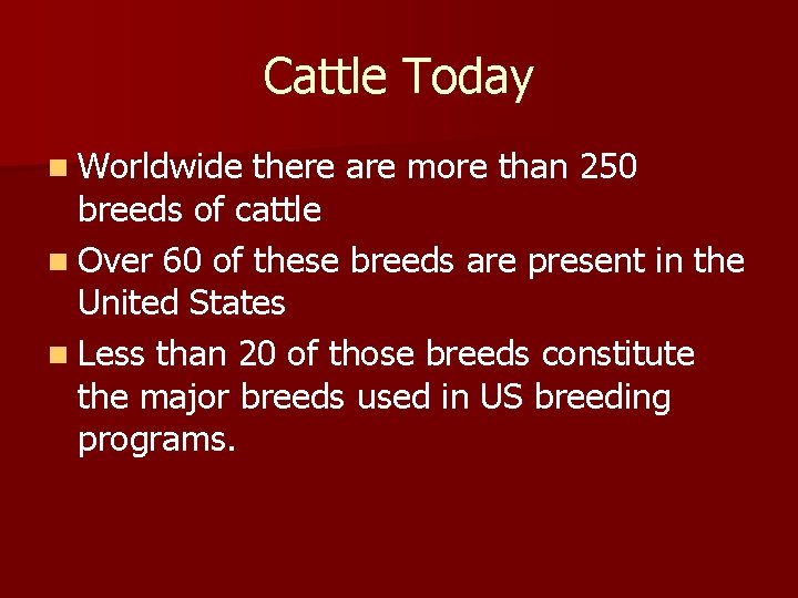 Cattle Today n Worldwide there are more than 250 breeds of cattle n Over