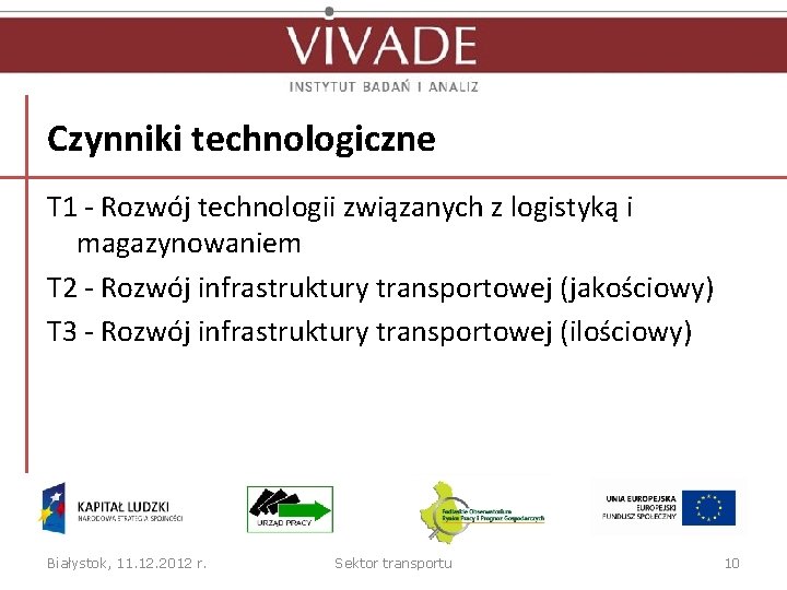 Czynniki technologiczne T 1 - Rozwój technologii związanych z logistyką i magazynowaniem T 2