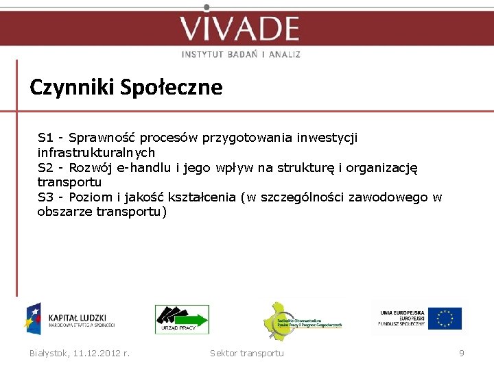 Czynniki Społeczne S 1 - Sprawność procesów przygotowania inwestycji infrastrukturalnych S 2 - Rozwój