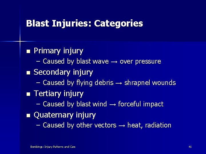 Blast Injuries: Categories n Primary injury – Caused by blast wave → over pressure