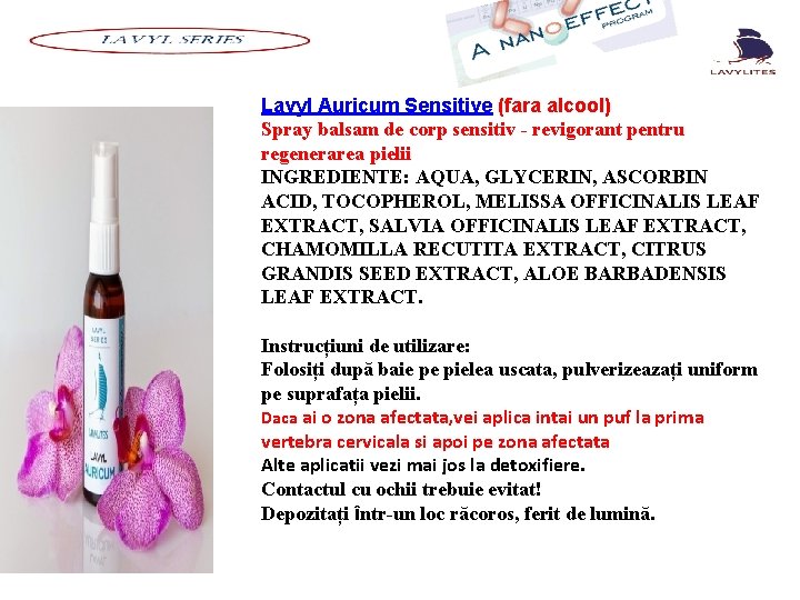 Lavyl Auricum Sensitive (fara alcool) Spray balsam de corp sensitiv - revigorant pentru regenerarea Lavyl Auricum Sensitive (fara alcool) Spray balsam de corp sensitiv - revigorant pentru regenerarea