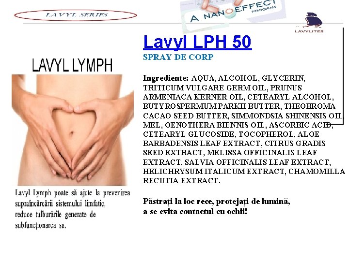 Lavyl LPH 50 SPRAY DE CORP Ingrediente: AQUA, ALCOHOL, GLYCERIN, TRITICUM VULGARE GERM Lavyl LPH 50 SPRAY DE CORP Ingrediente: AQUA, ALCOHOL, GLYCERIN, TRITICUM VULGARE GERM
