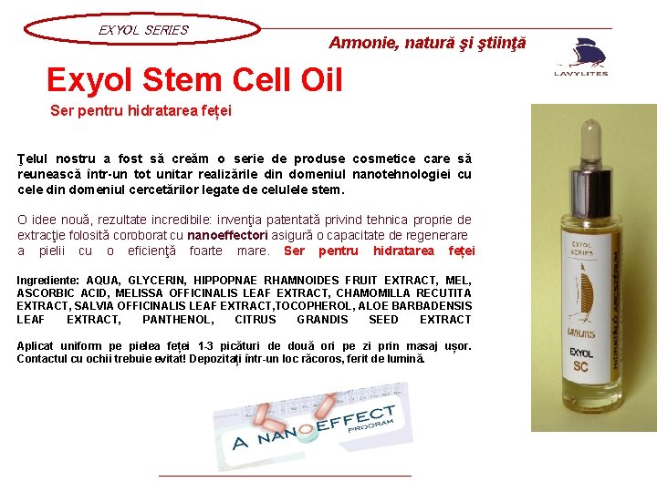 EXYOL SERIES Armonie, natură şi ştiinţă Exyol Stem Cell Oil Ser pentru hidratarea feței