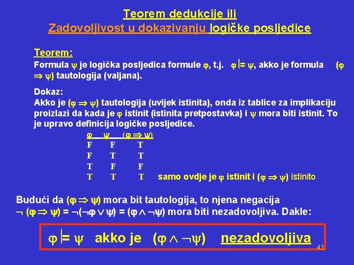 Teorem dedukcije ili Zadovoljivost u dokazivanju logičke posljedice Teorem: Formula je logička posljedica formule