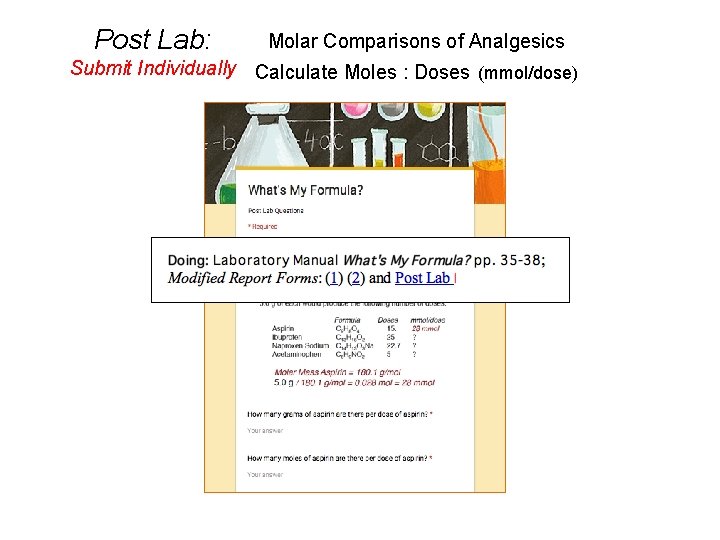 Post Lab: Molar Comparisons of Analgesics Submit Individually Calculate Moles : Doses (mmol/dose) 