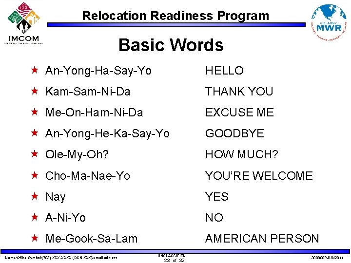 Relocation Readiness Program Basic Words « An-Yong-Ha-Say-Yo HELLO « Kam-Sam-Ni-Da THANK YOU « Me-On-Ham-Ni-Da
