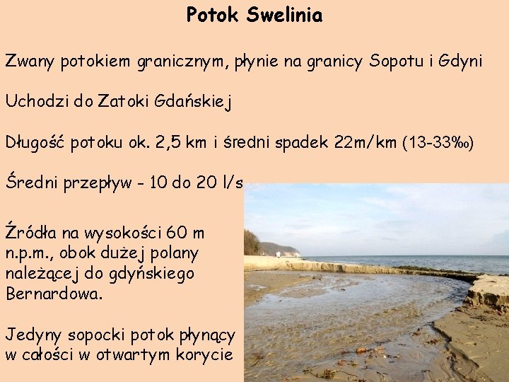 Potok Swelinia Zwany potokiem granicznym, płynie na granicy Sopotu i Gdyni Uchodzi do Zatoki