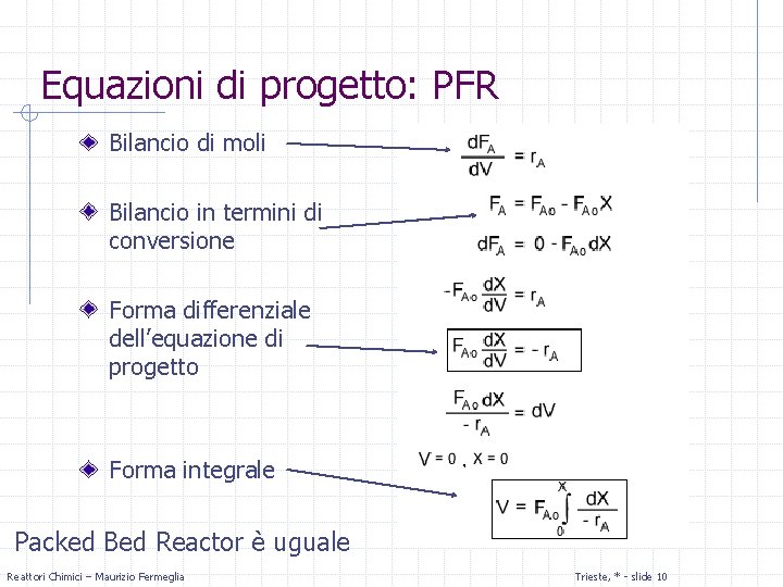 Equazioni di progetto: PFR Bilancio di moli Bilancio in termini di conversione Forma differenziale
