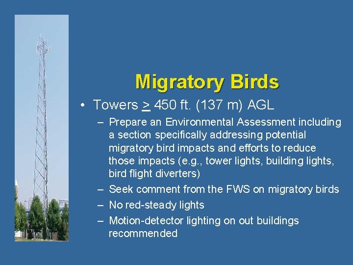 Migratory Birds • Towers > 450 ft. (137 m) AGL – Prepare an Environmental