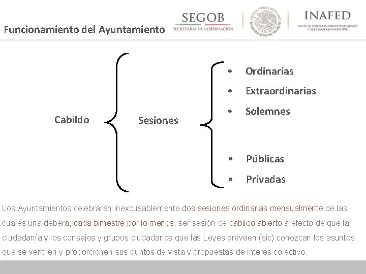 Funcionamiento del Ayuntamiento Cabildo Sesiones • Ordinarias • Extraordinarias • Solemnes • Públicas •