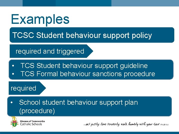 Examples TCSC Student behaviour support policy required and triggered • TCS Student behaviour support