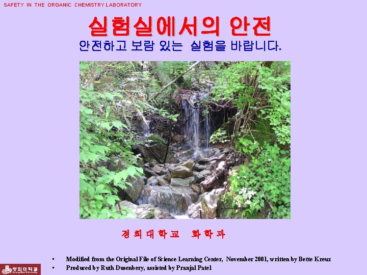 SAFETY IN THE ORGANIC CHEMISTRY LABORATORY 실험실에서의 안전 안전하고 보람 있는 실험을 바랍니다. 경희대학교