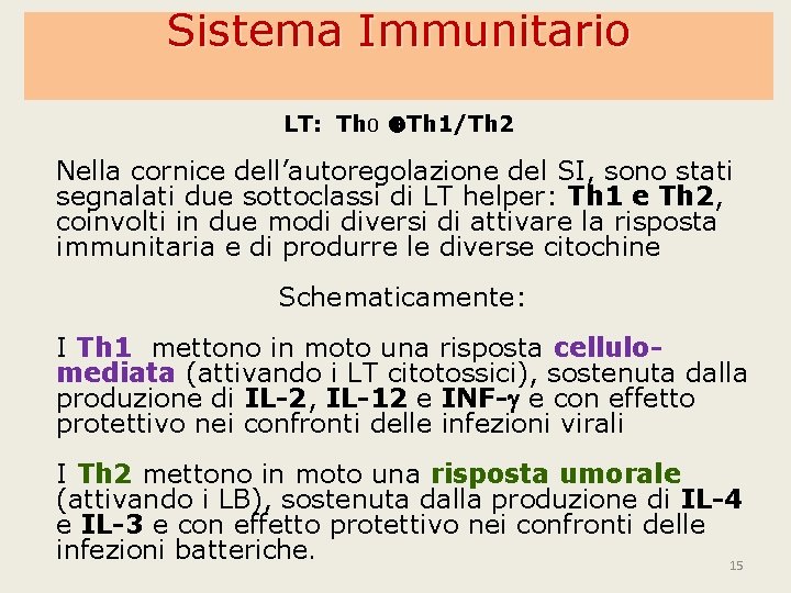 Sistema Immunitario LT: Th 0 Th 1/Th 2 Nella cornice dell’autoregolazione del SI, sono