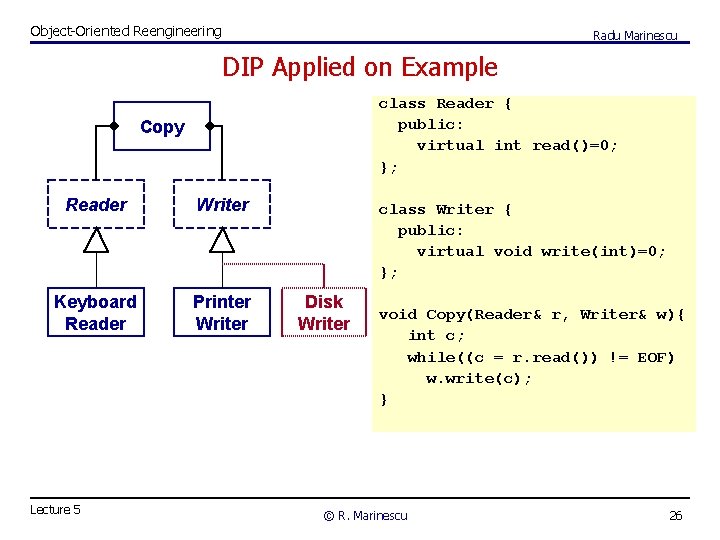 Object-Oriented Reengineering Radu Marinescu DIP Applied on Example class Reader { public: virtual int