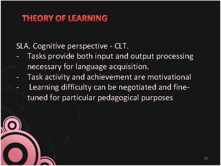 THEORY OF LEARNING SLA. Cognitive perspective - CLT. - Tasks provide both input and