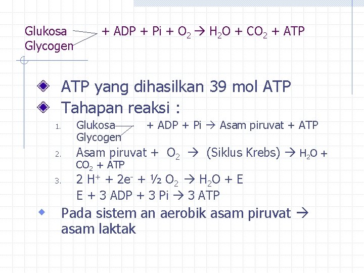 Glukosa Glycogen + ADP + Pi + O 2 H 2 O + CO