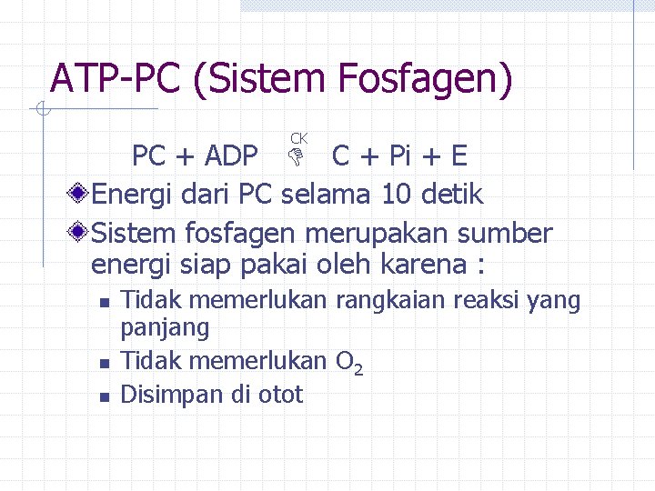 ATP-PC (Sistem Fosfagen) CK PC + ADP C + Pi + E Energi dari