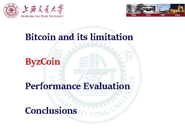 1896 Bitcoin and its limitation Byz. Coin Performance Evaluation Conclusions 1920 1987 2006 