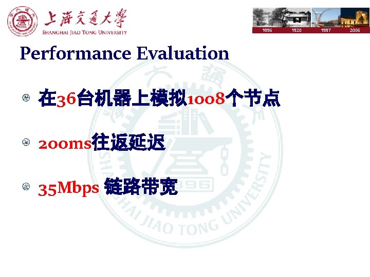 1896 Performance Evaluation 在 36台机器上模拟 1008个节点 200 ms往返延迟 35 Mbps 链路带宽 1920 1987 2006