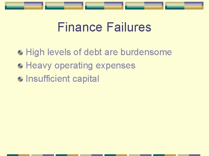 Finance Failures High levels of debt are burdensome Heavy operating expenses Insufficient capital 
