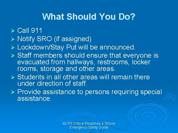 What Should You Do? Call 911 Notify SRO (if assigned) Lockdown/Stay Put will be