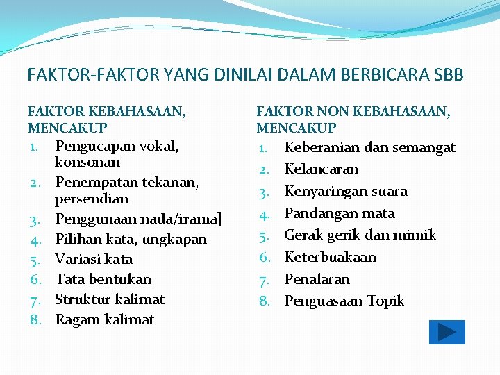 FAKTOR-FAKTOR YANG DINILAI DALAM BERBICARA SBB FAKTOR KEBAHASAAN, MENCAKUP 1. 2. 3. 4. 5.