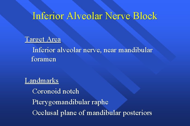Inferior Alveolar Nerve Block Target Area Inferior alveolar nerve, near mandibular foramen Landmarks Coronoid