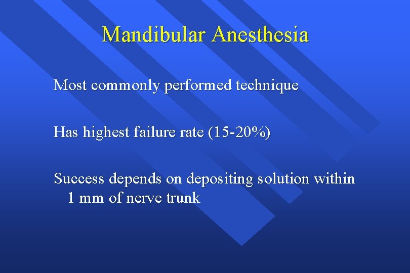 Mandibular Anesthesia Most commonly performed technique Has highest failure rate (15 -20%) Success depends