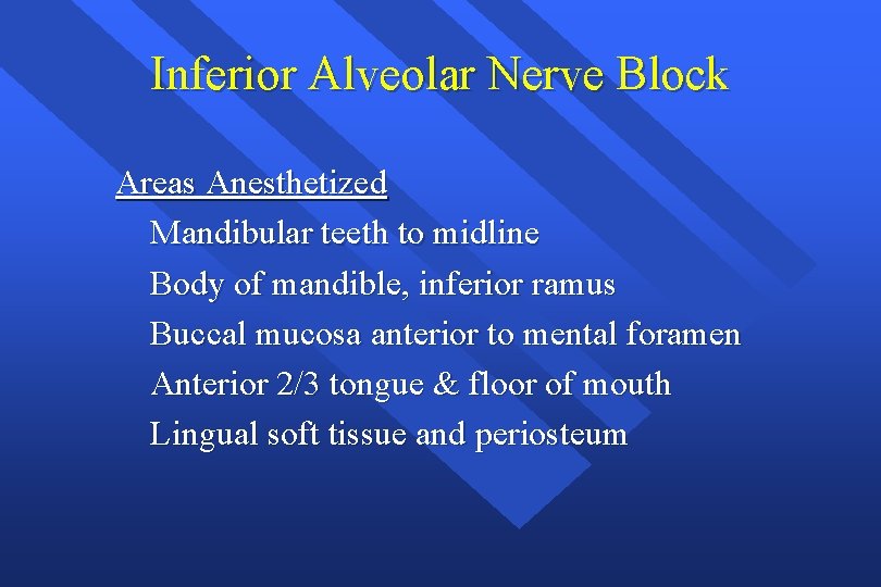 Inferior Alveolar Nerve Block Areas Anesthetized Mandibular teeth to midline Body of mandible, inferior