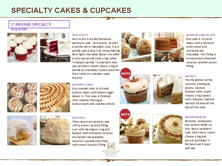 SPECIALTY CAKES & CUPCAKES STANDARD SPECIALTY FLAVORS RED VELVET Red Velvet is an old