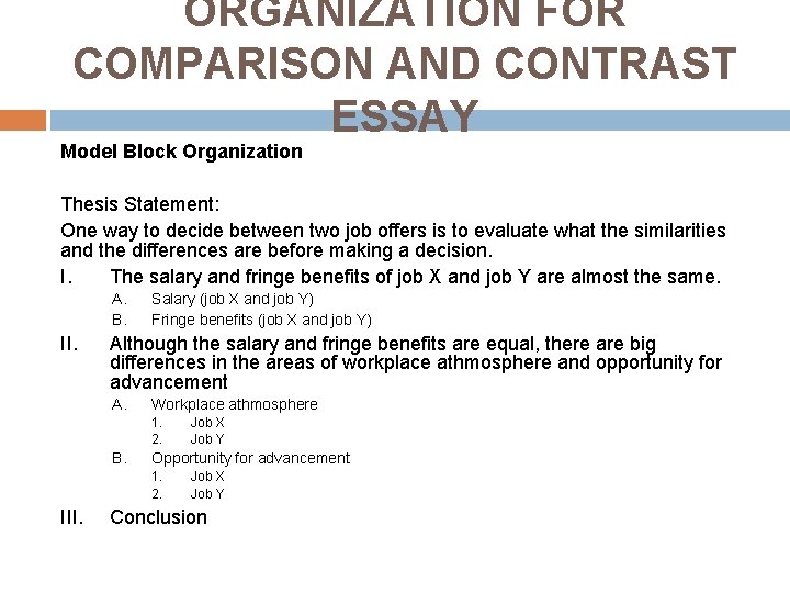 ORGANIZATION FOR COMPARISON AND CONTRAST ESSAY Model Block Organization Thesis Statement: One way to